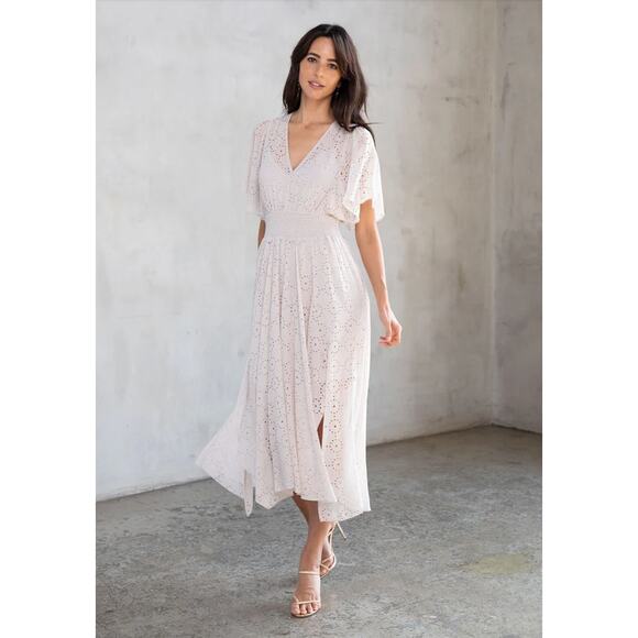 It’s All Love Chiffon Maxi Dress Medium – Boho Resort Laser-Cut Metallic Detail - Picture 12 of 12